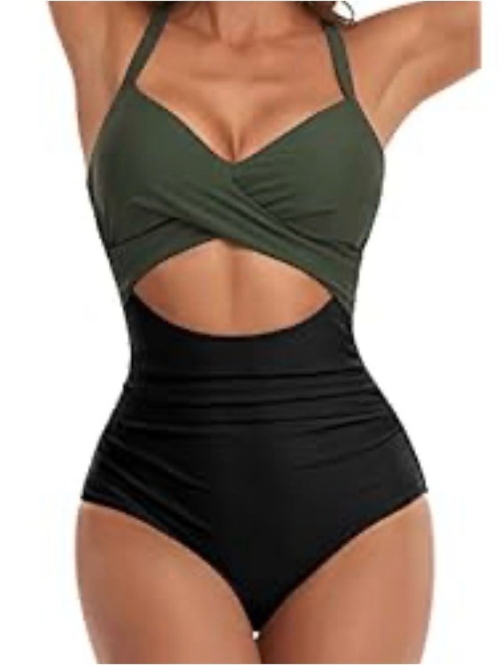 Two-Tone Olive Green and Black Twist-Front One-Piece Swimsuit